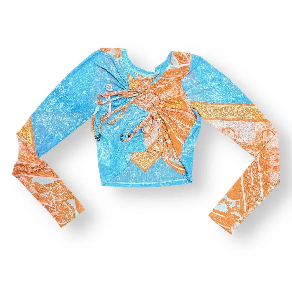 Free People Its My Party Mesh Top‎ Orange Blue Paisley Open Back Crop XS